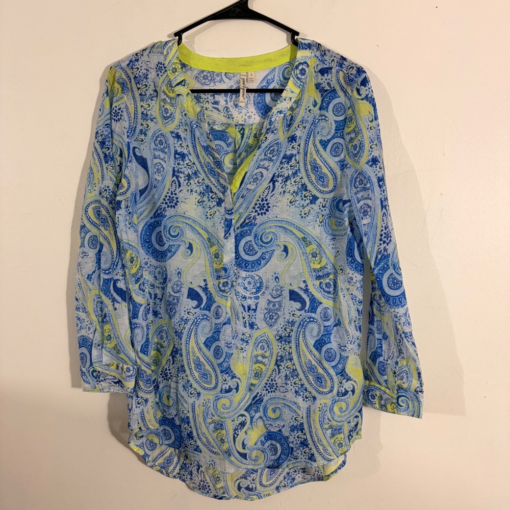 Grand & Greene Paisley Tunic Women Size S Blue Lime Green Boho Top